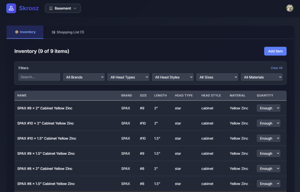 Screenshot of a vibe-coded screw inventory app.